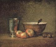 Jean Baptiste Simeon Chardin Three apple two millet bowls and silver wine class painting